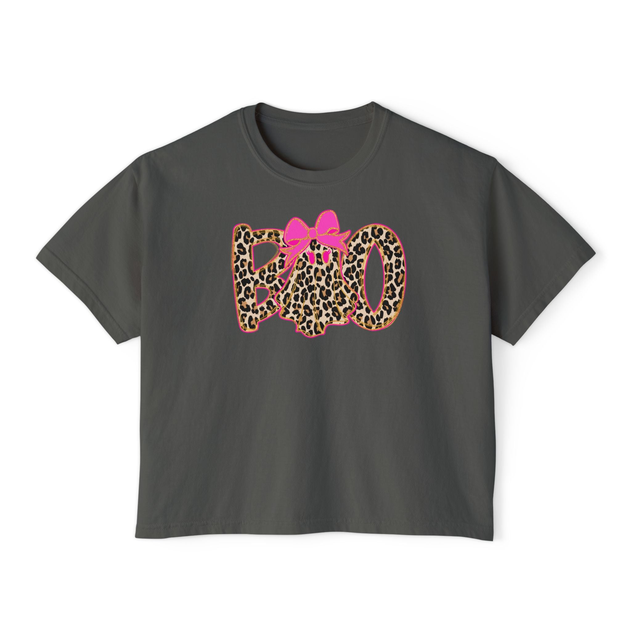 Leopard 'Boo' Halloween Women's Boxy Tee — Cute Pink Bow Spooky Graphic Shirt