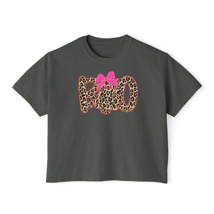 Leopard 'Boo' Halloween Women's Boxy Tee — Cute Pink Bow Spooky Graphic Shirt