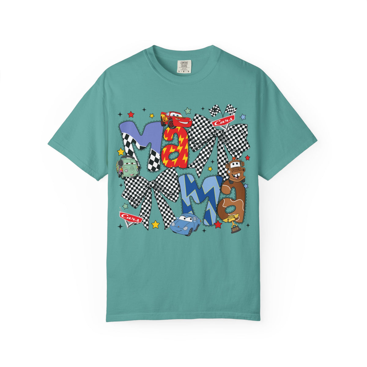 Graphic Tee — Playful 'MAMA' Cartoon Letter Shirt with Checkerboard Bows