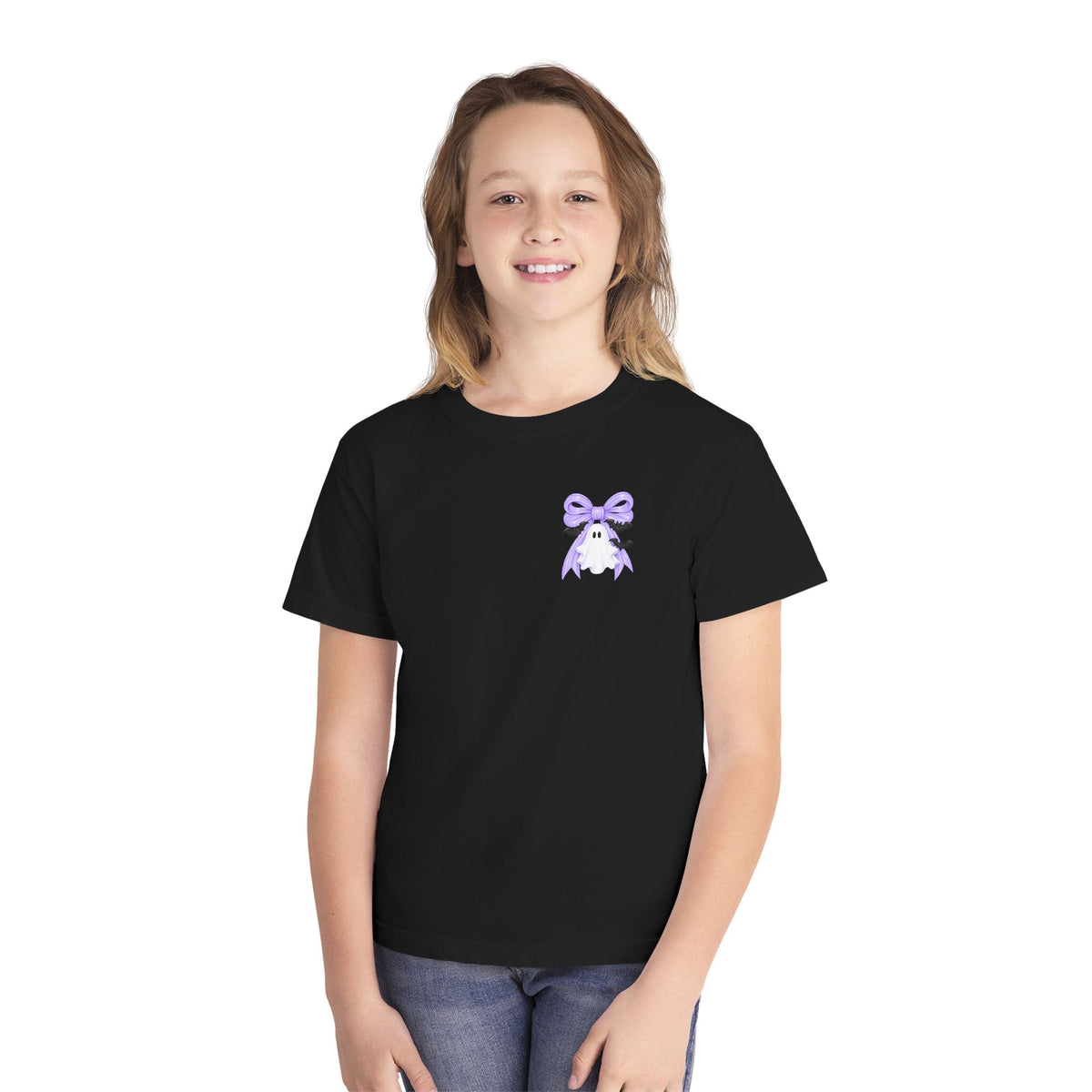Youth Tee — "Spook Season" Ghost Wreath Halloween Shirt (Purple Bow)