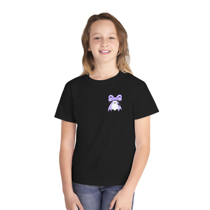 Youth Tee — "Spook Season" Ghost Wreath Halloween Shirt (Purple Bow)