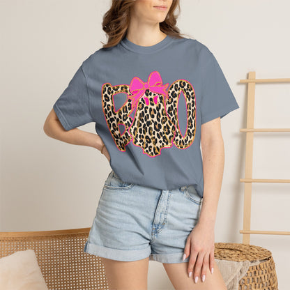Leopard Print 'BOO' Halloween T-Shirt with Pink Bow