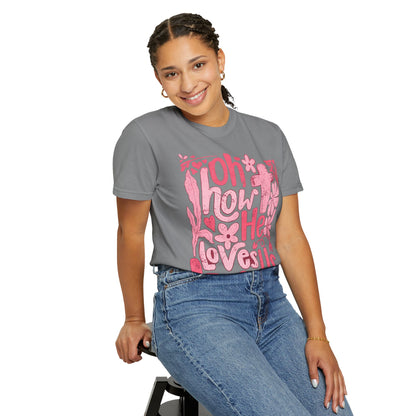 Oh How He Loves Us T-Shirt — Pink Floral Christian Tee (Ephesians 2:4-8)