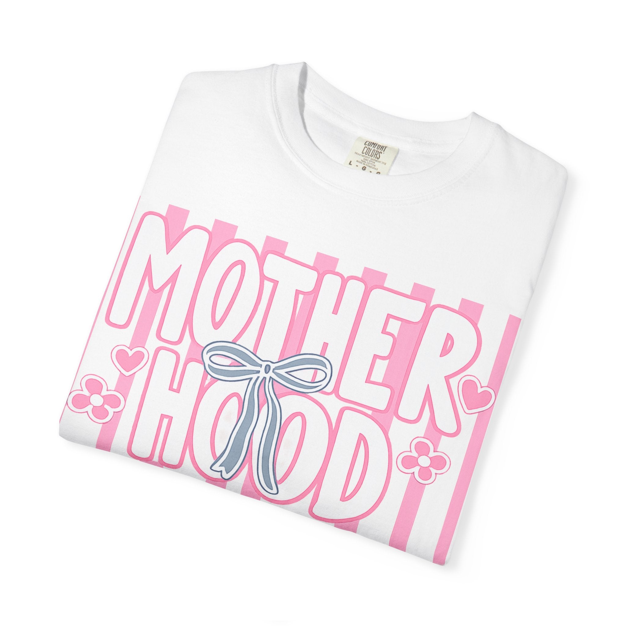 Motherhood Graphic T-Shirt — Pink Striped Mom Shirt ("MOTHERHOOD")