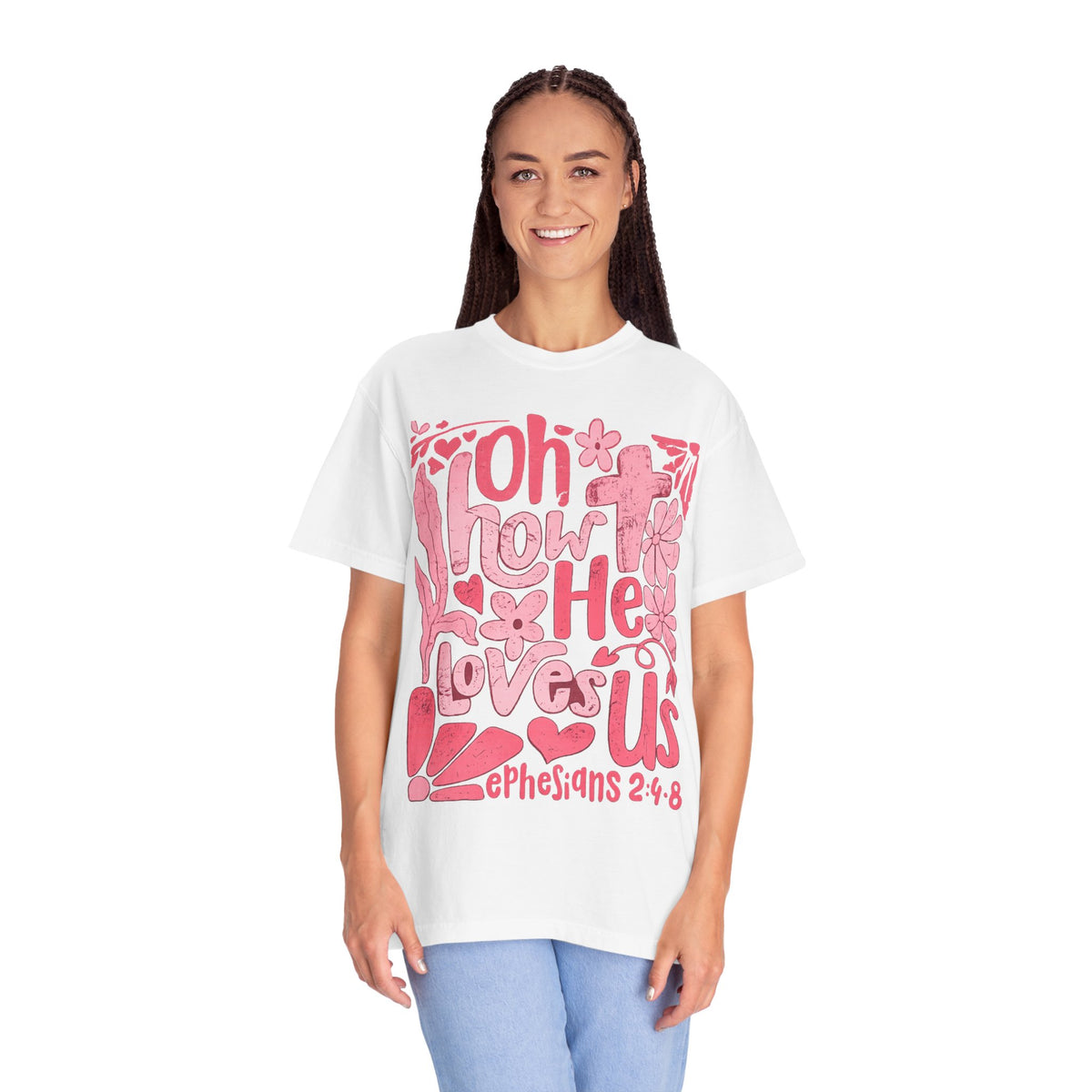 Oh How He Loves Us T-Shirt — Pink Floral Christian Tee (Ephesians 2:4-8)