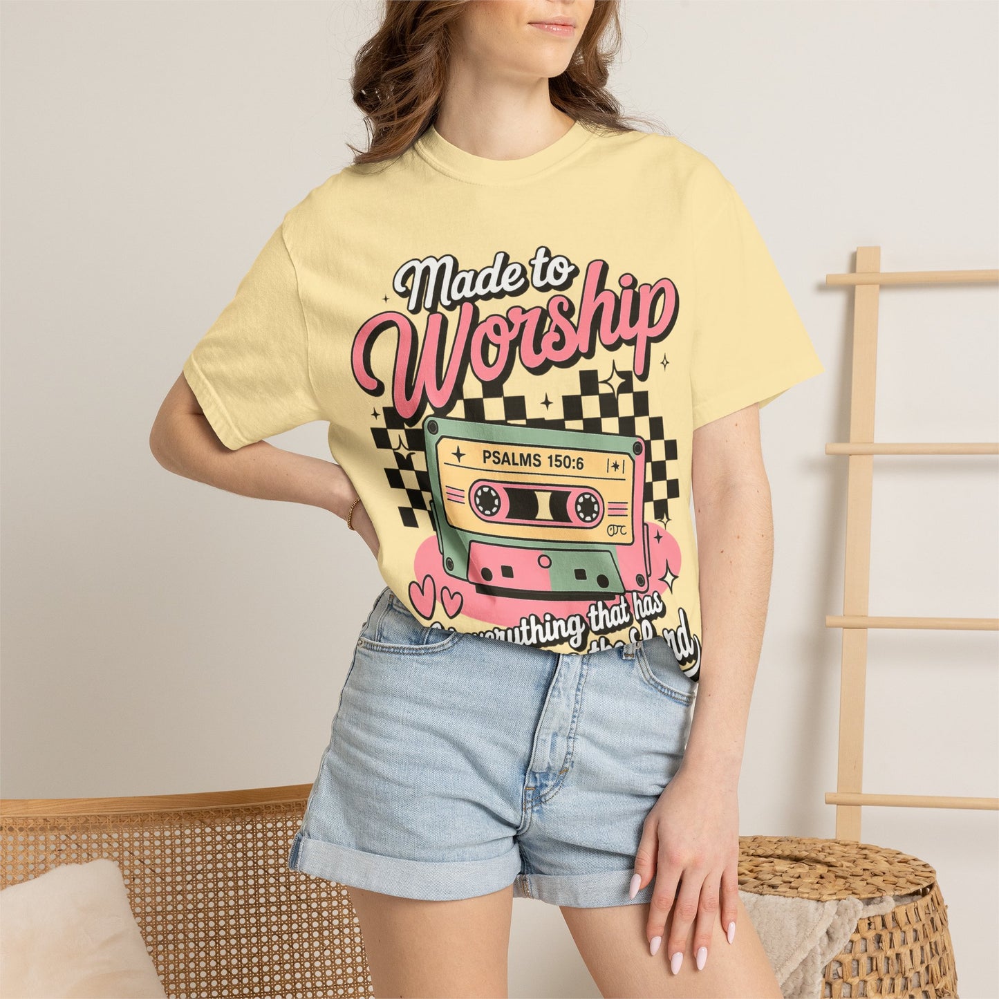 Made to Worship T‑Shirt – Retro Cassette Christian Tee (Psalm 150:6)