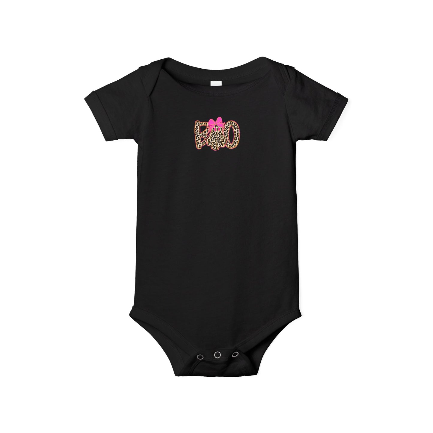 Infant One-Piece Bodysuit – Leopard 'Boo' with Pink Bow Baby Halloween Outfit