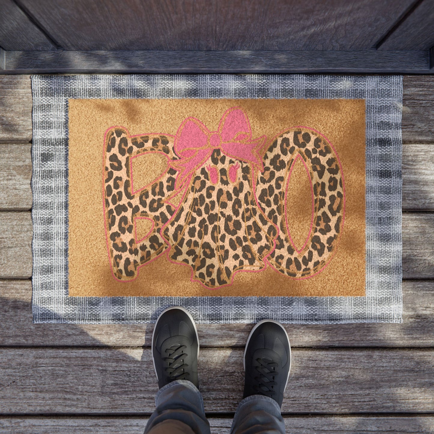 Leopard Print 'Hello' Doormat with Pink Bow – Chic Animal Print Entry Rug