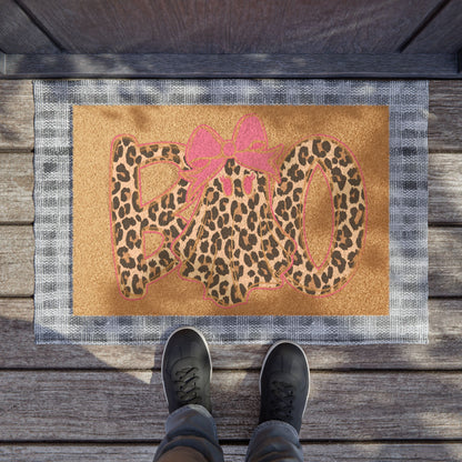 Leopard Print 'Hello' Doormat with Pink Bow – Chic Animal Print Entry Rug
