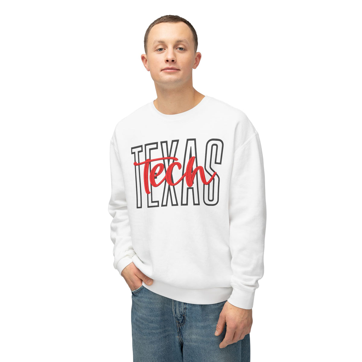 Texas Tech Crewneck Sweatshirt — 'Texas' Outline with Red "Tech" Script