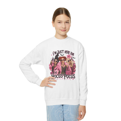 Hocus Pocus Youth Sweatshirt – "I’m Just Here for the Hocus Pocus" Halloween Crewneck