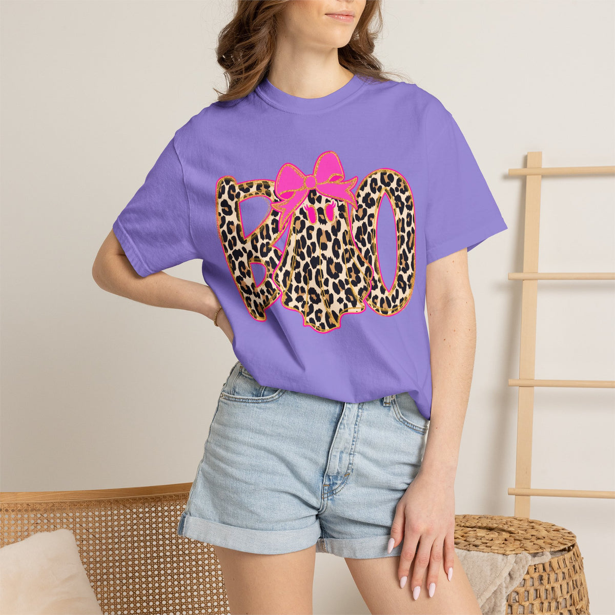 Leopard Print 'BOO' Halloween T-Shirt with Pink Bow