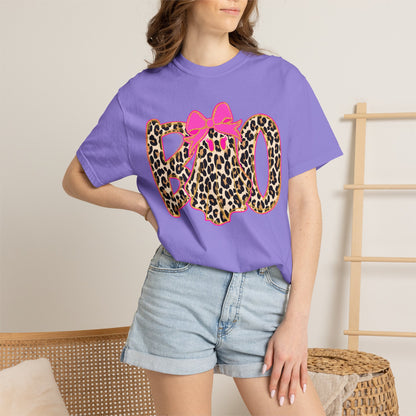 Leopard Print 'BOO' Halloween T-Shirt with Pink Bow