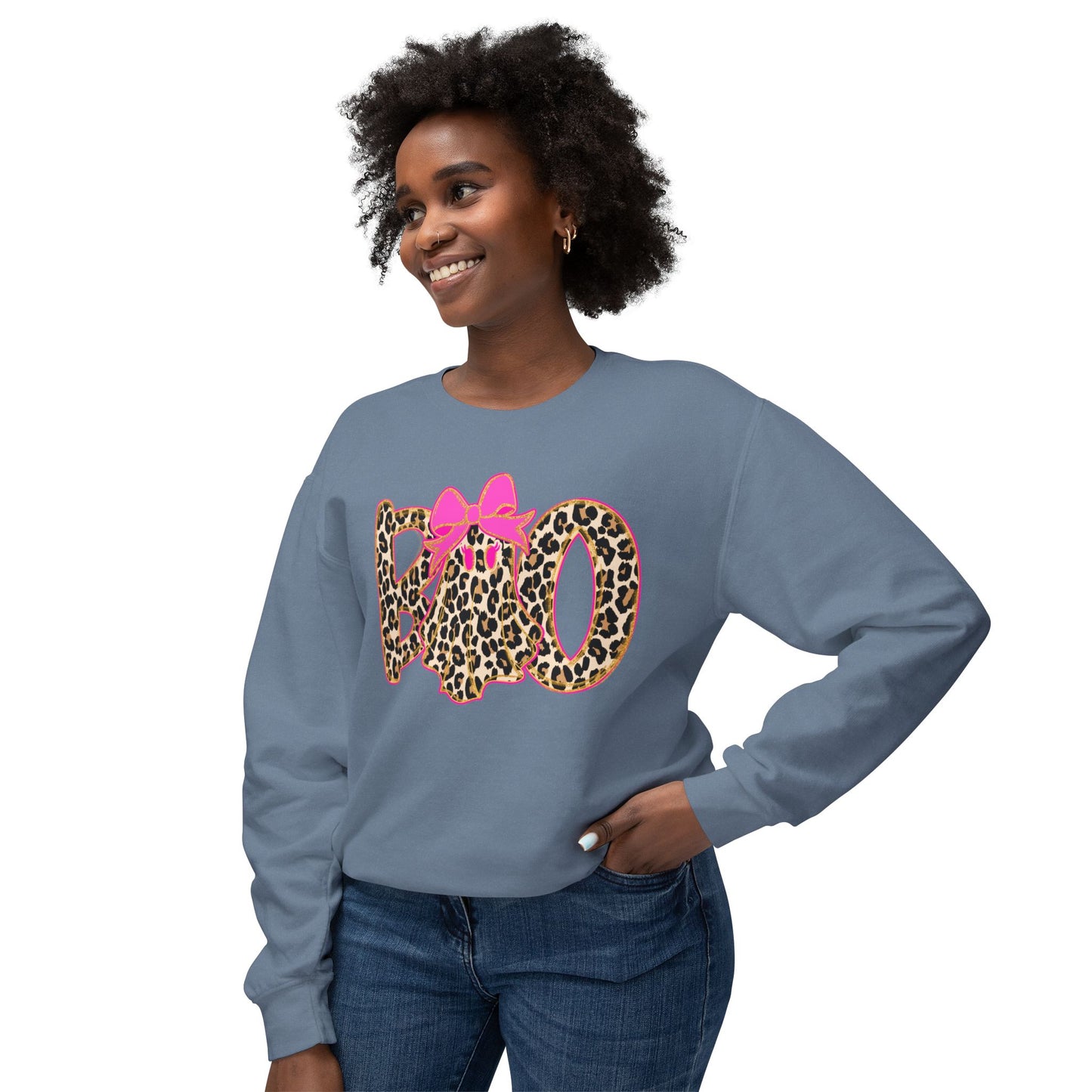Leopard Print "Boo" Halloween Sweatshirt with Pink Bow