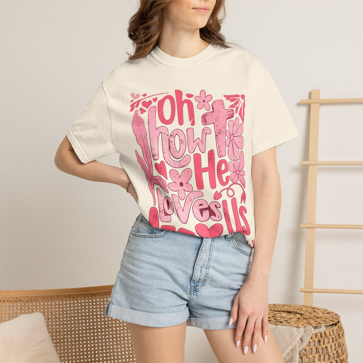 Oh How He Loves Us T-Shirt — Pink Floral Christian Tee (Ephesians 2:4-8)