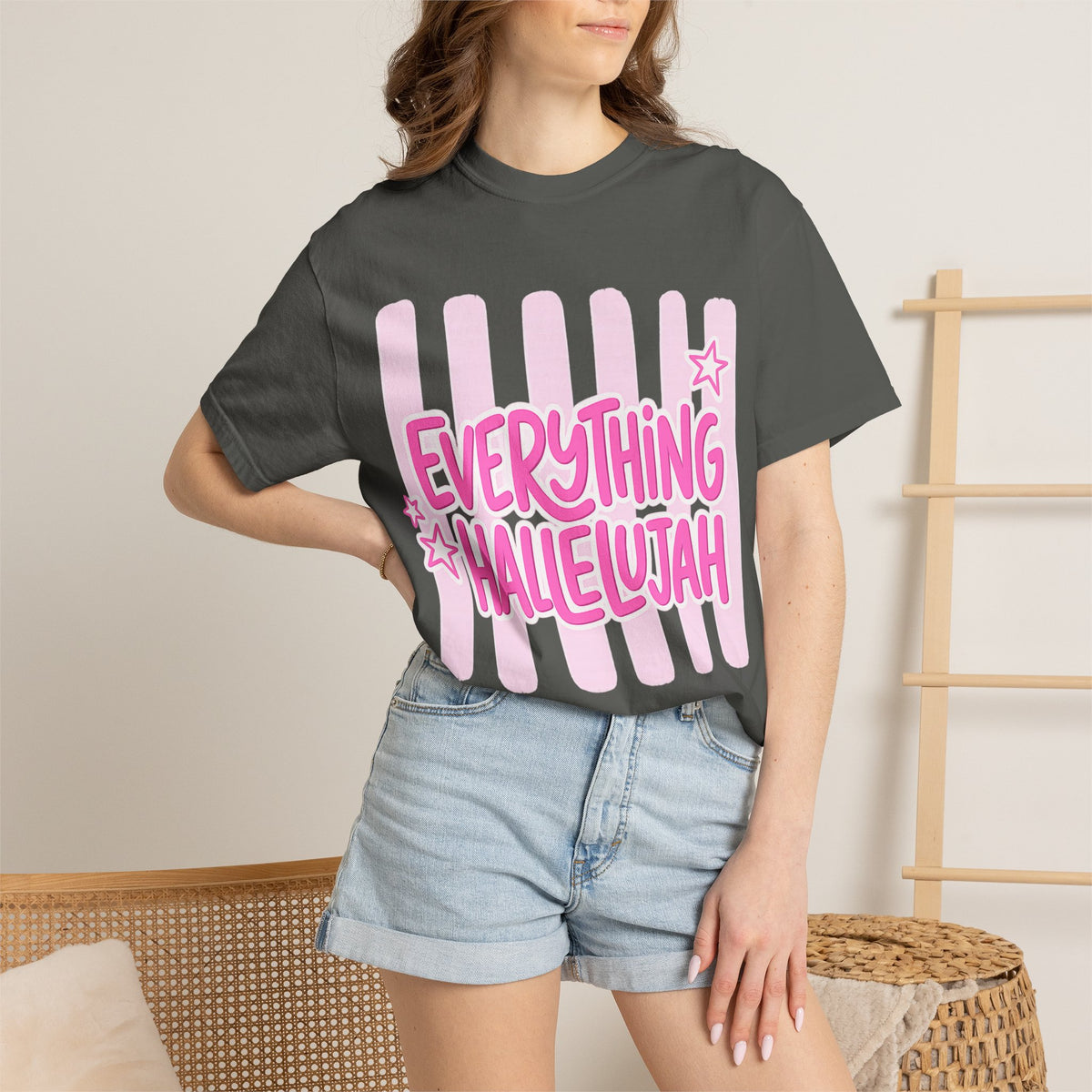 Everything Hallelujah T-Shirt — Pink Retro Stripe Graphic Tee