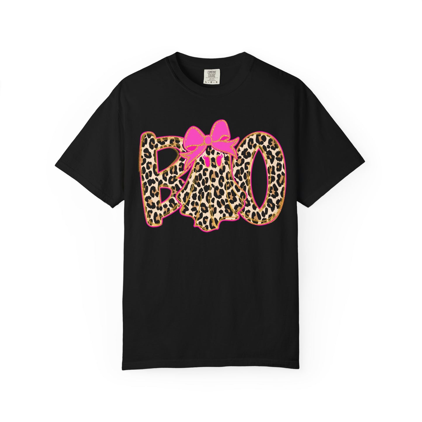 Leopard Print 'BOO' Halloween T-Shirt with Pink Bow