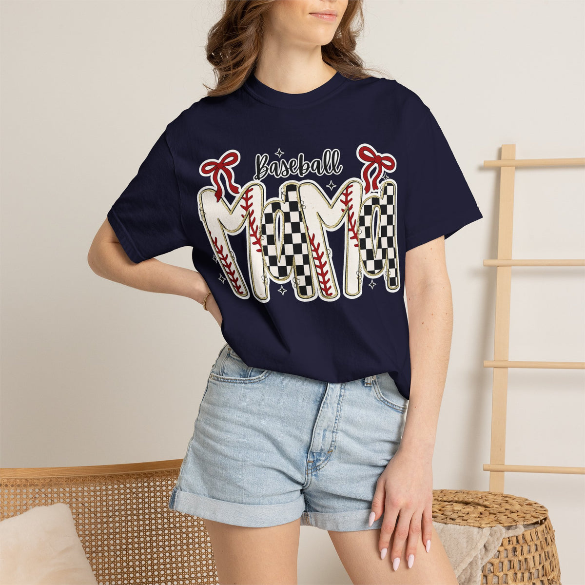 Baseball Mom T-Shirt — Vintage Checker & Stitch Graphic