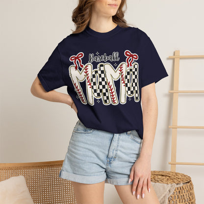 Baseball Mom T-Shirt — Vintage Checker & Stitch Graphic