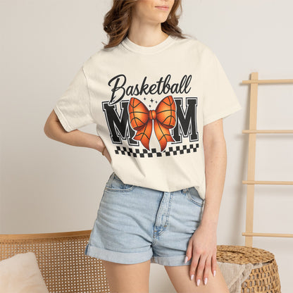 Basketball Mom T-Shirt — 'Basketball MOM' with Bow & Checkered Accent