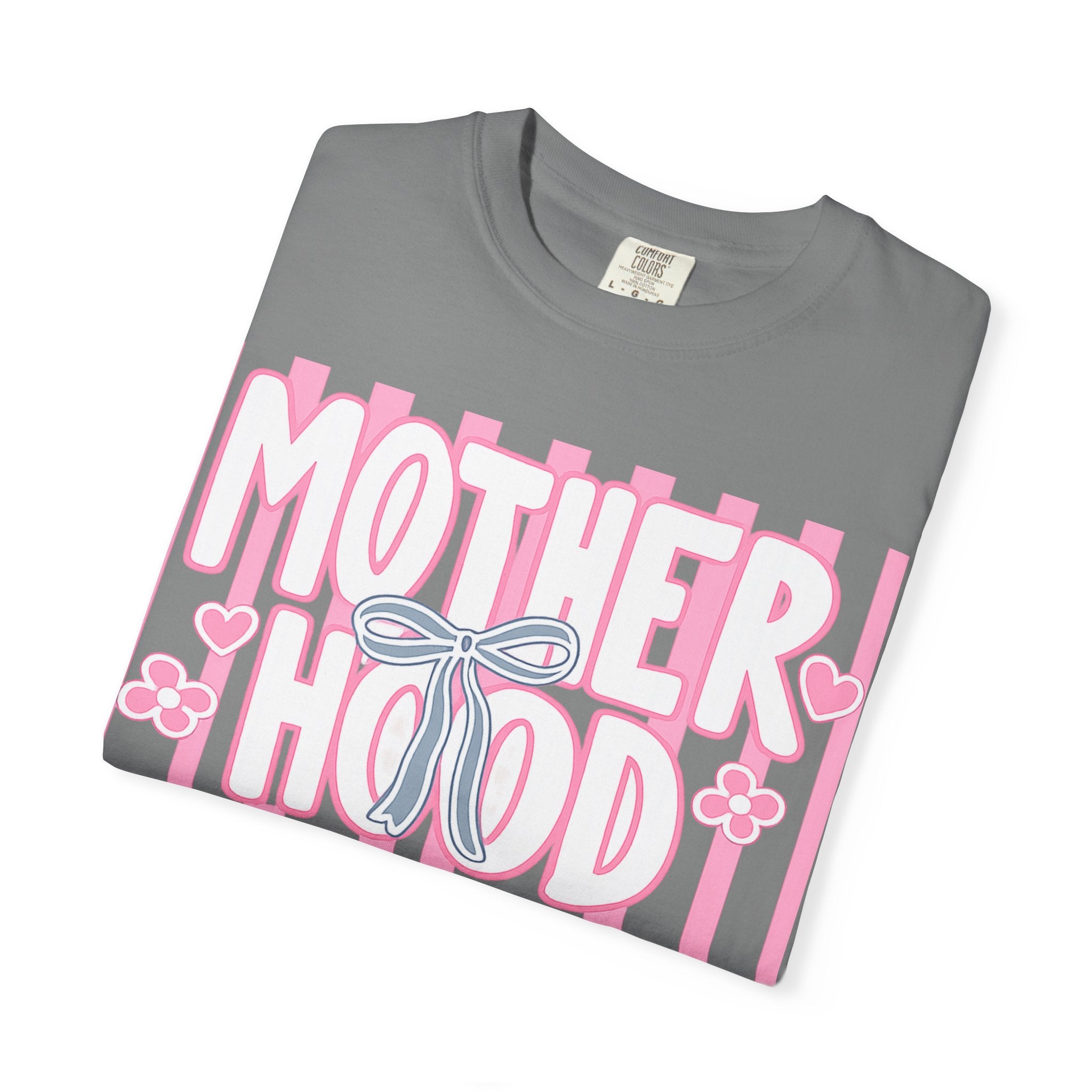 Motherhood Graphic T-Shirt — Pink Striped Mom Shirt ("MOTHERHOOD")