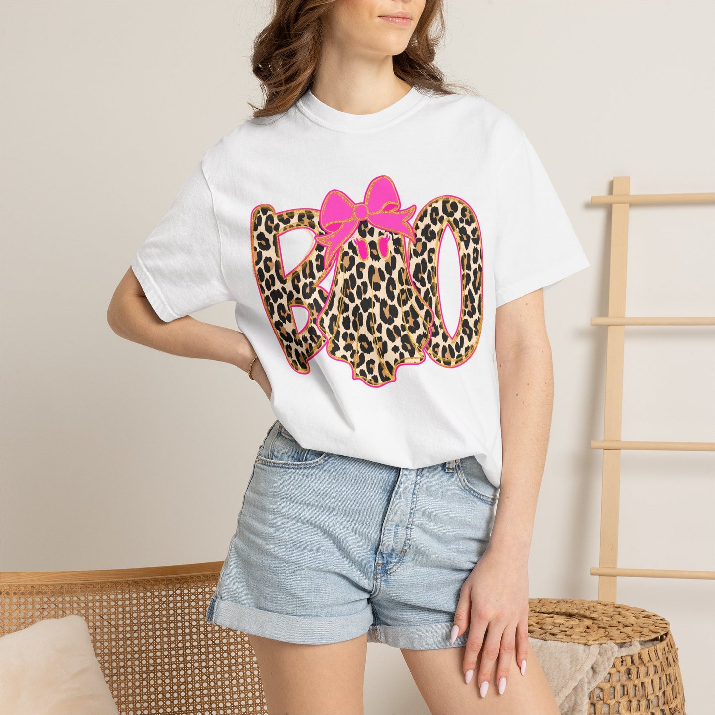 Leopard Print 'BOO' Halloween T-Shirt with Pink Bow