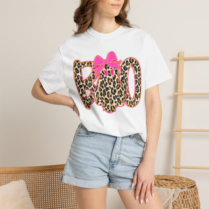 Leopard Print 'BOO' Halloween T-Shirt with Pink Bow