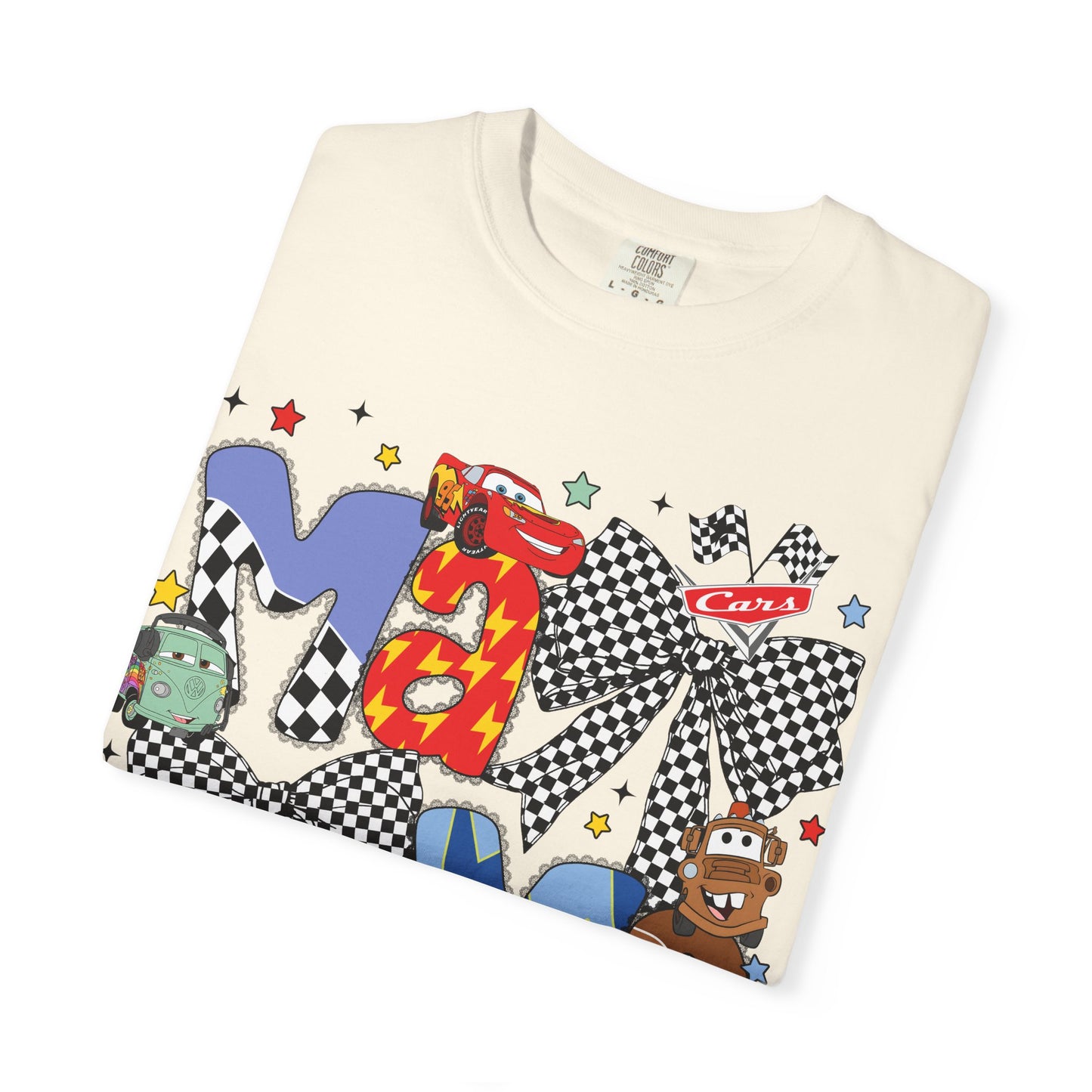 Graphic Tee — Playful 'MAMA' Cartoon Letter Shirt with Checkerboard Bows