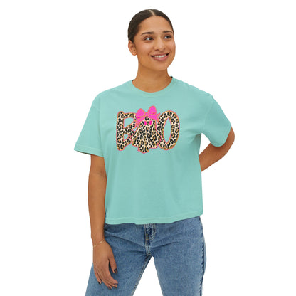 Leopard 'Boo' Halloween Women's Boxy Tee — Cute Pink Bow Spooky Graphic Shirt
