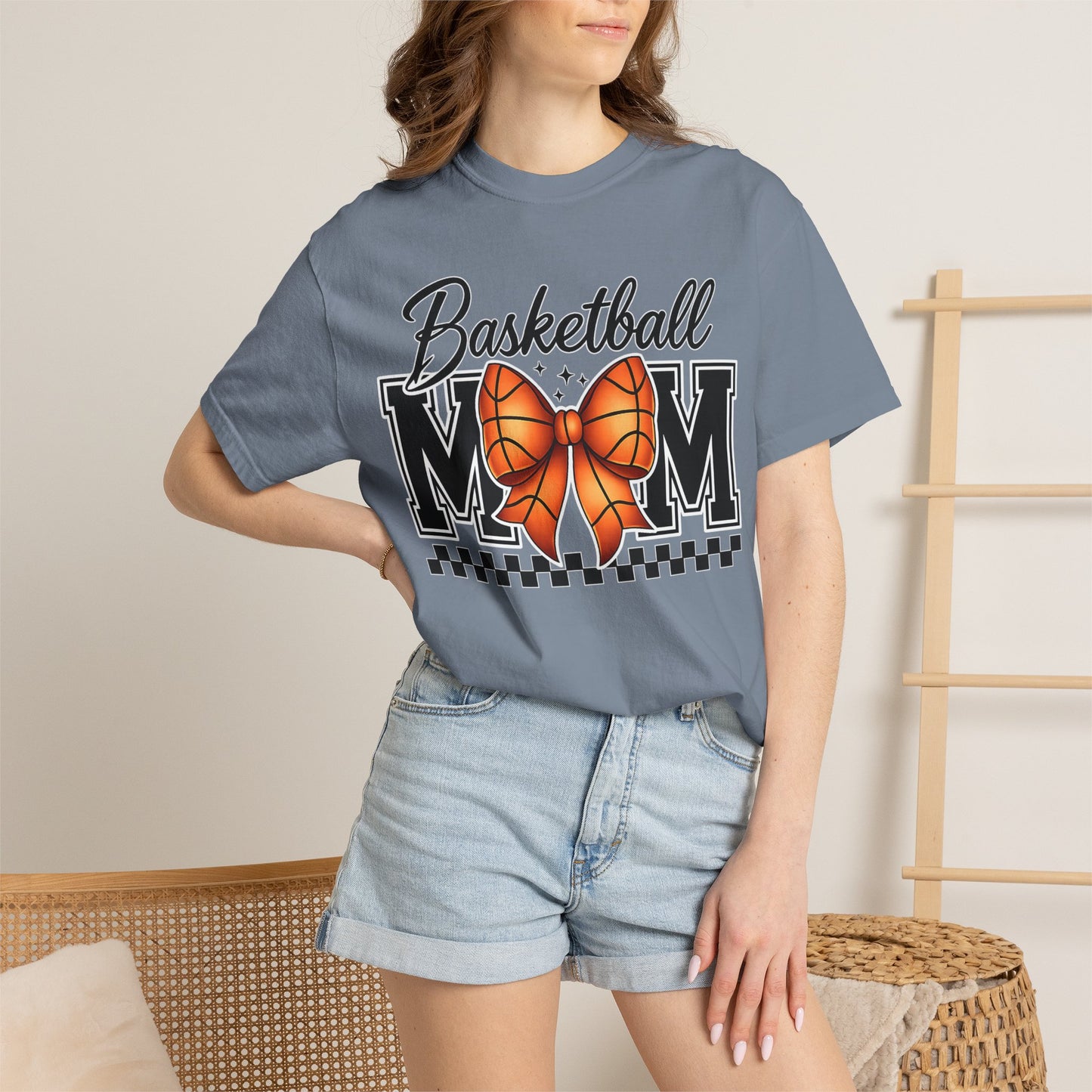 Basketball Mom T-Shirt — 'Basketball MOM' with Bow & Checkered Accent