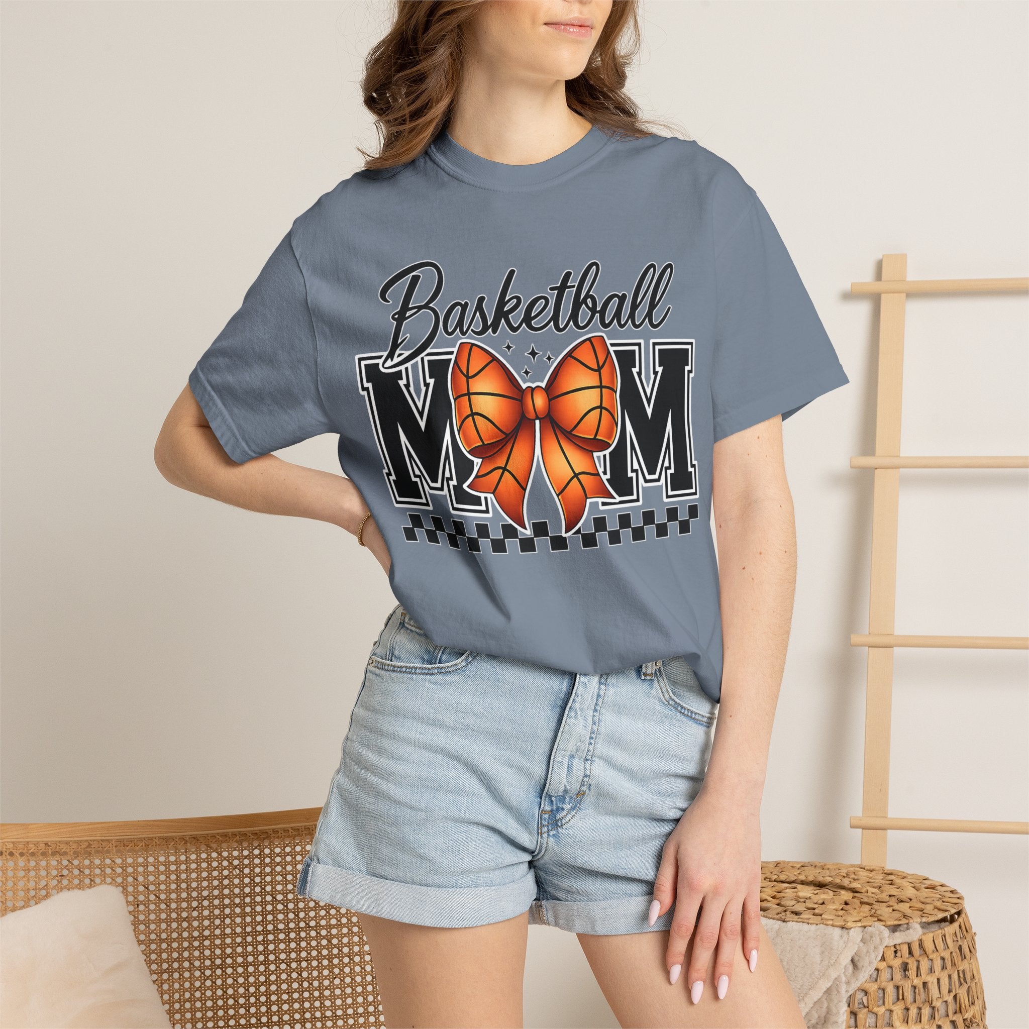 Basketball Mom T-Shirt — 'Basketball MOM' with Bow & Checkered Accent