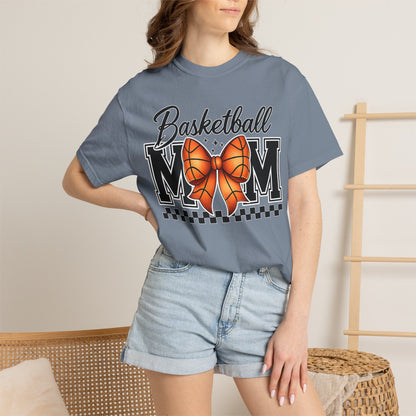 Basketball Mom T-Shirt — 'Basketball MOM' with Bow & Checkered Accent