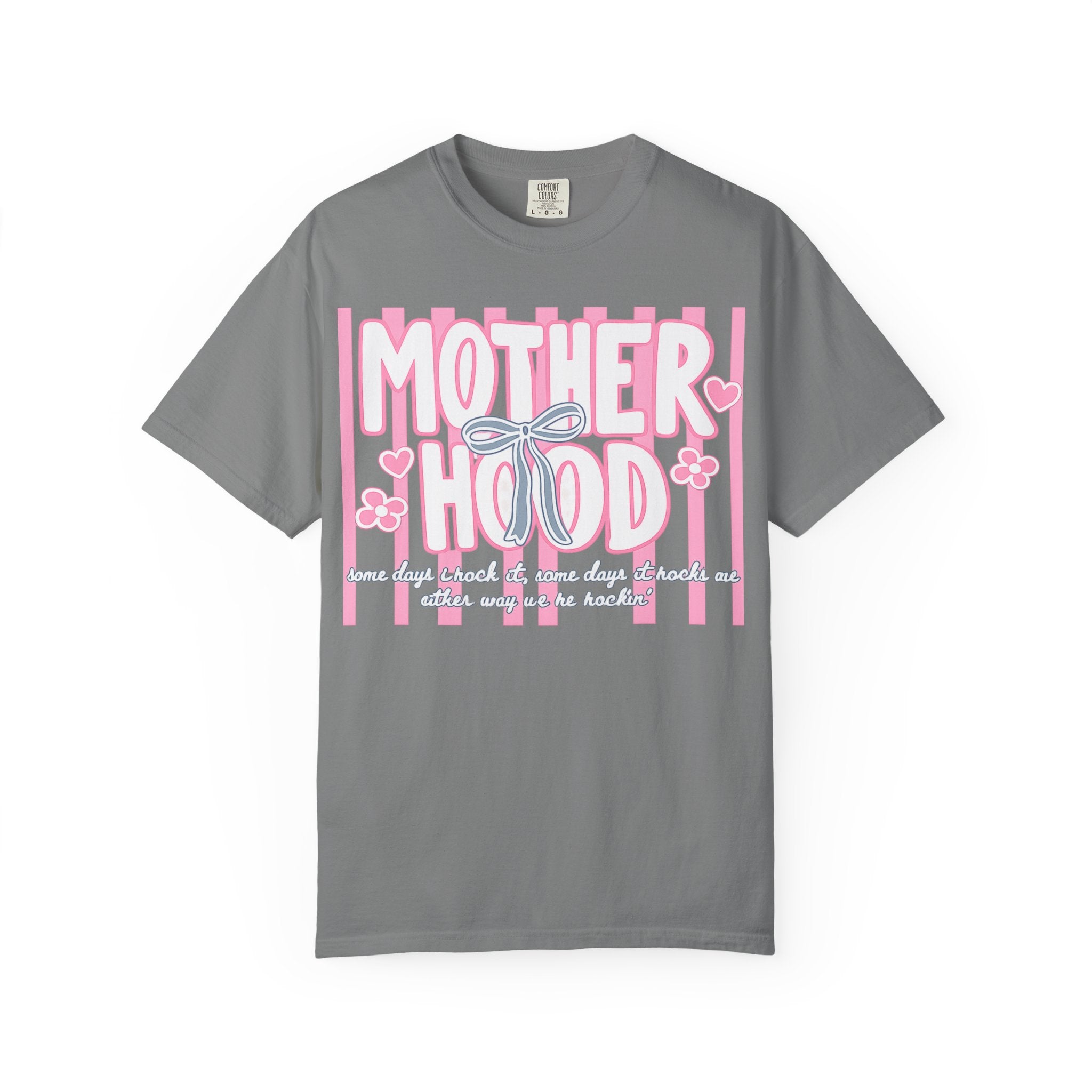 Motherhood Graphic T-Shirt — Pink Striped Mom Shirt ("MOTHERHOOD")