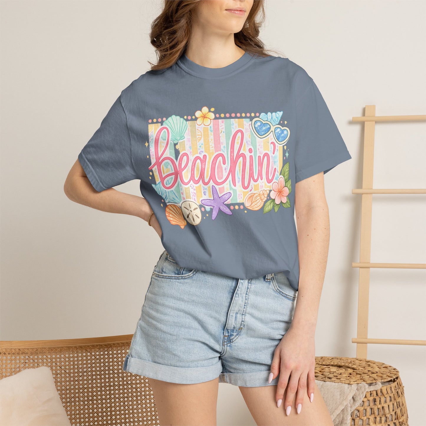 Beachin' T-Shirt — Tropical Summer Graphic Tee with Seashells & Sunglasses