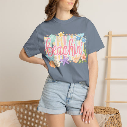 Beachin' T-Shirt — Tropical Summer Graphic Tee with Seashells & Sunglasses