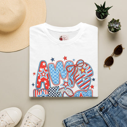 Patriotic AMERICA Graphic T-Shirt — Red White Blue Stars & Stripes Tee