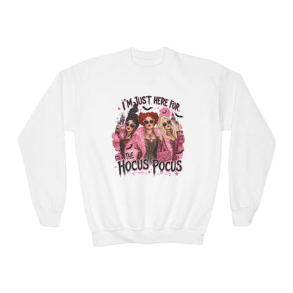 Hocus Pocus Youth Sweatshirt – "I’m Just Here for the Hocus Pocus" Halloween Crewneck
