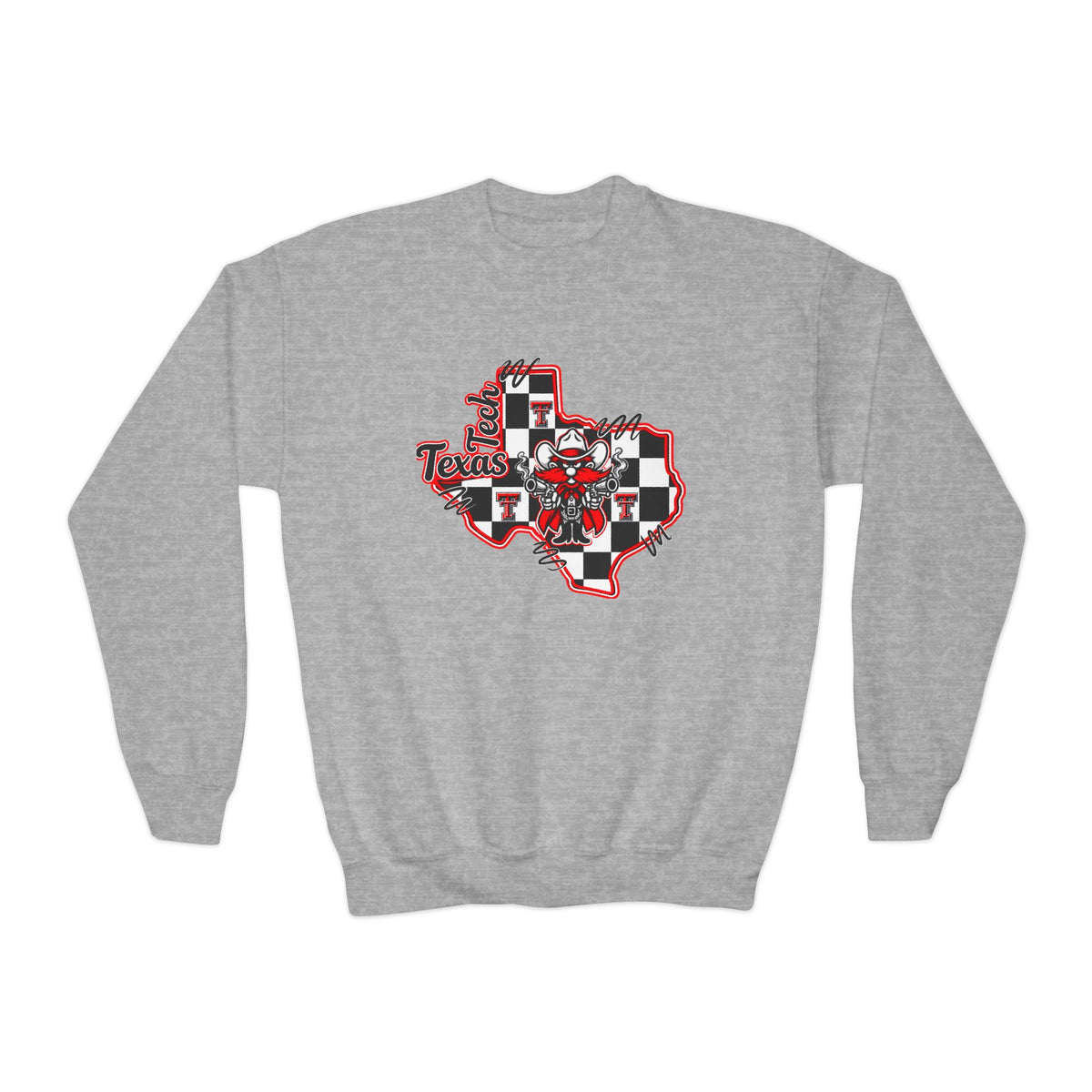 Texas Checkerboard Youth Crewneck Sweatshirt — Red & Black State Graphic