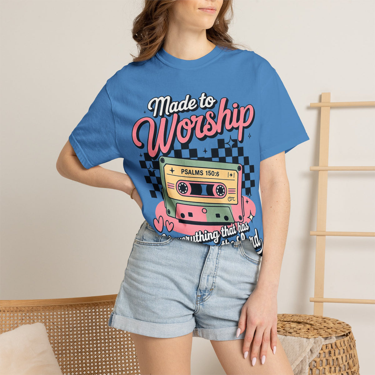Made to Worship T‑Shirt – Retro Cassette Christian Tee (Psalm 150:6)