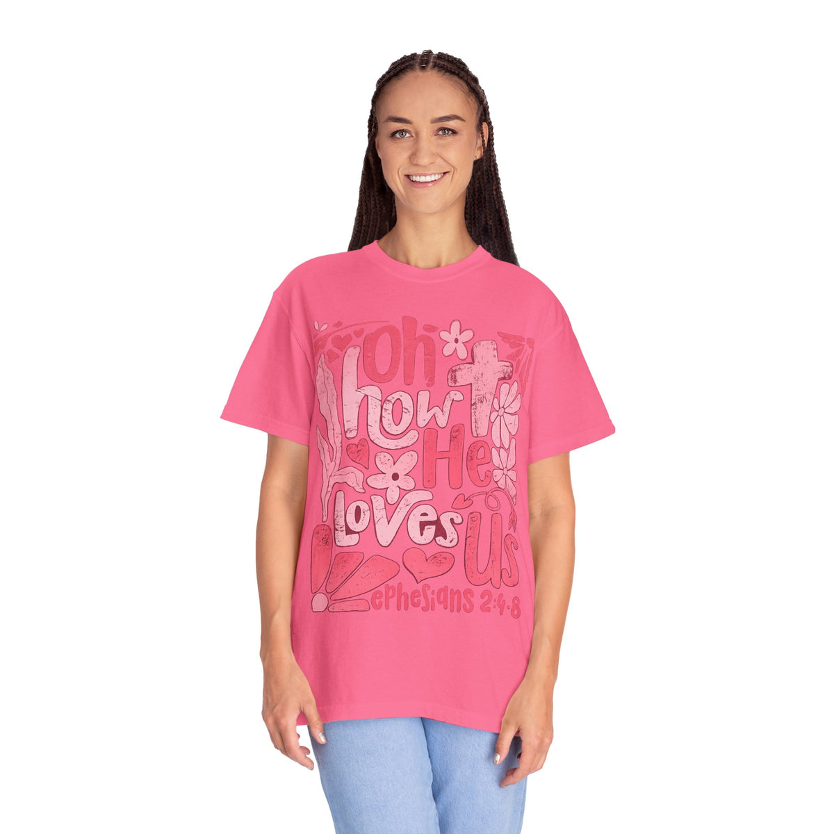 Oh How He Loves Us T-Shirt — Pink Floral Christian Tee (Ephesians 2:4-8)