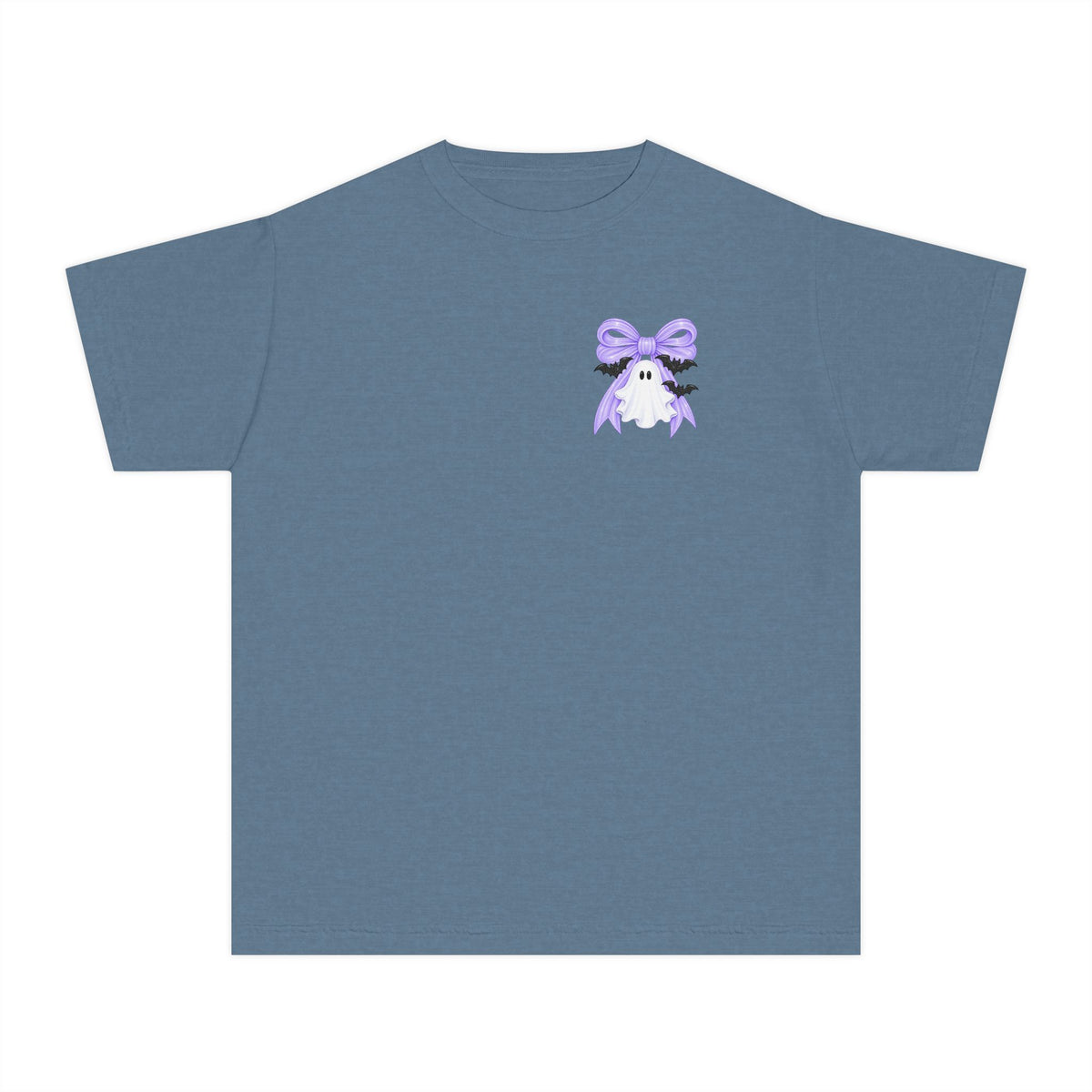Youth Tee — "Spook Season" Ghost Wreath Halloween Shirt (Purple Bow)