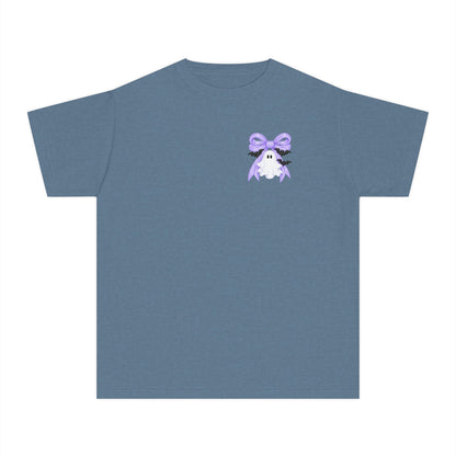 Youth Tee — "Spook Season" Ghost Wreath Halloween Shirt (Purple Bow)