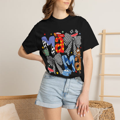 Graphic Tee — Playful 'MAMA' Cartoon Letter Shirt with Checkerboard Bows