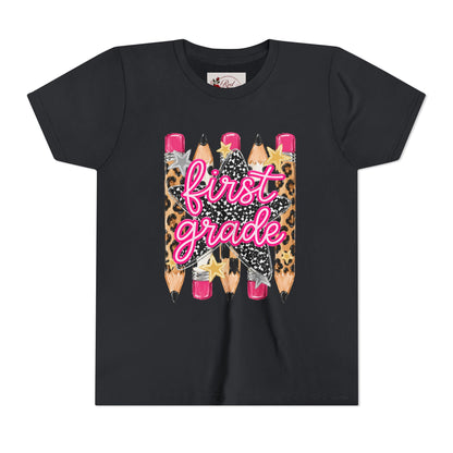 First Grade Youth Tee — Leopard Pencil Back to School Shirt