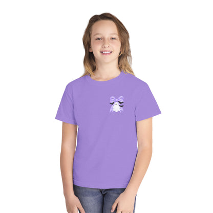 Youth Tee — "Spook Season" Ghost Wreath Halloween Shirt (Purple Bow)