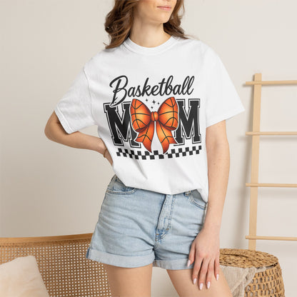 Basketball Mom T-Shirt — 'Basketball MOM' with Bow & Checkered Accent