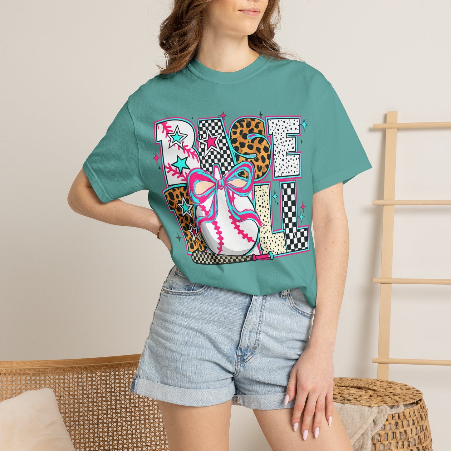 Baseball Mom Graphic T-Shirt — Colorful Leopard Print "Baseball" Design