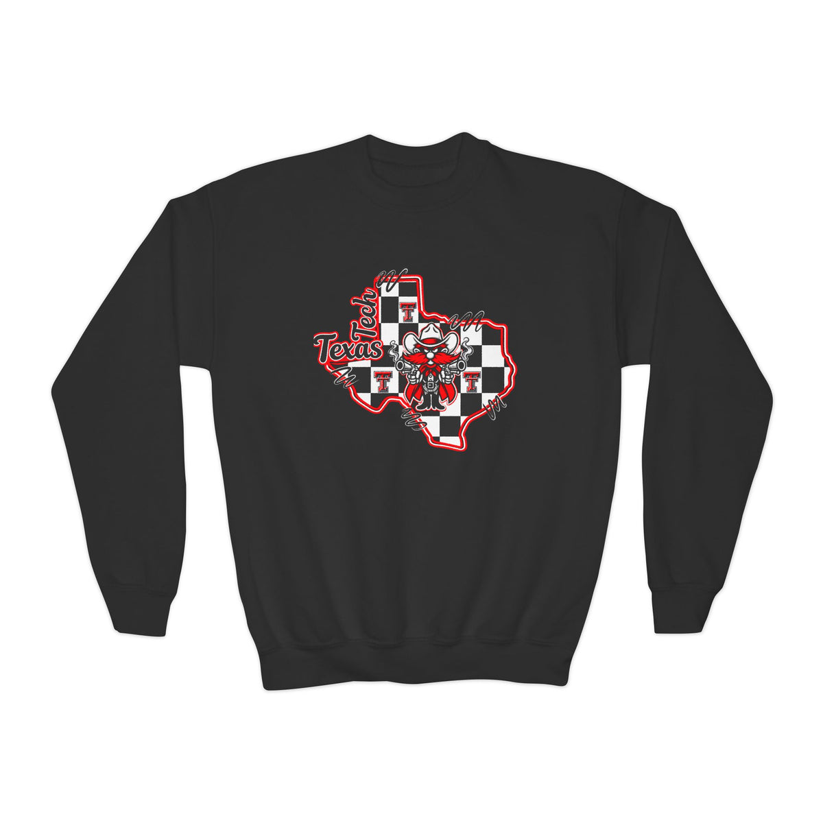 Texas Checkerboard Youth Crewneck Sweatshirt — Red & Black State Graphic