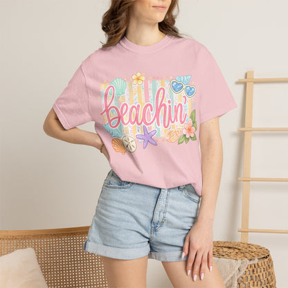 Beachin' T-Shirt — Tropical Summer Graphic Tee with Seashells & Sunglasses
