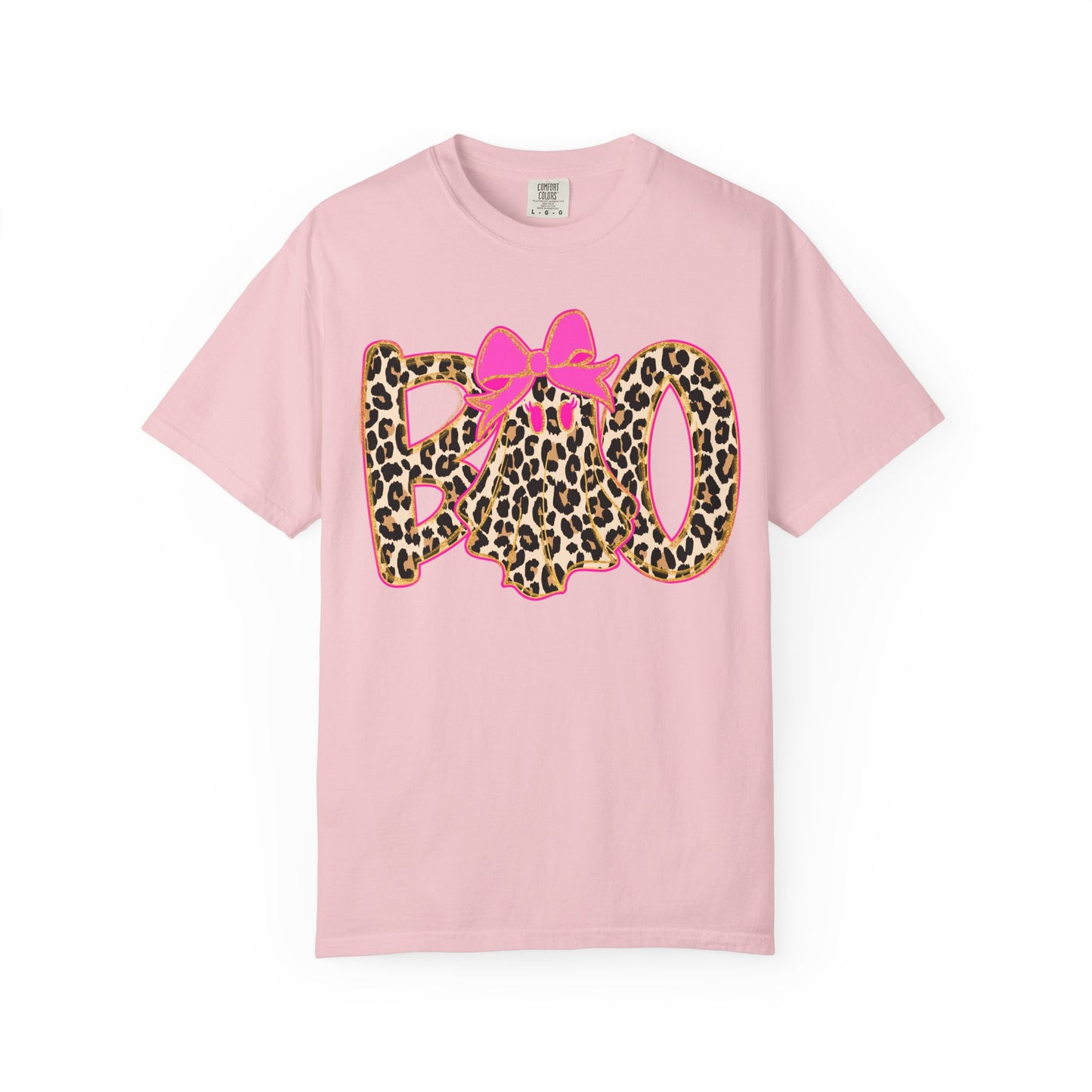 Leopard Print 'BOO' Halloween T-Shirt with Pink Bow